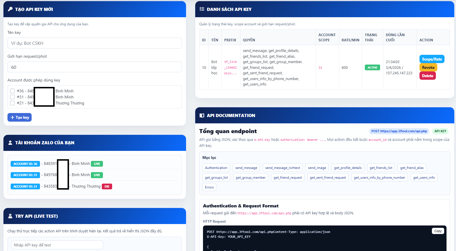 Khu vực tài liệu và test API dữ liệu bạn bè nhóm trên 3FTool