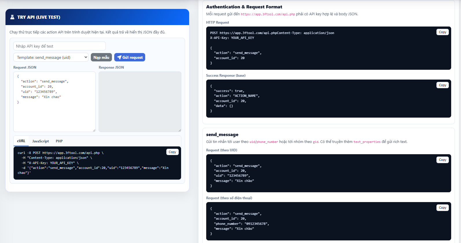 Ví dụ template API send_message và send_image trên 3FTool