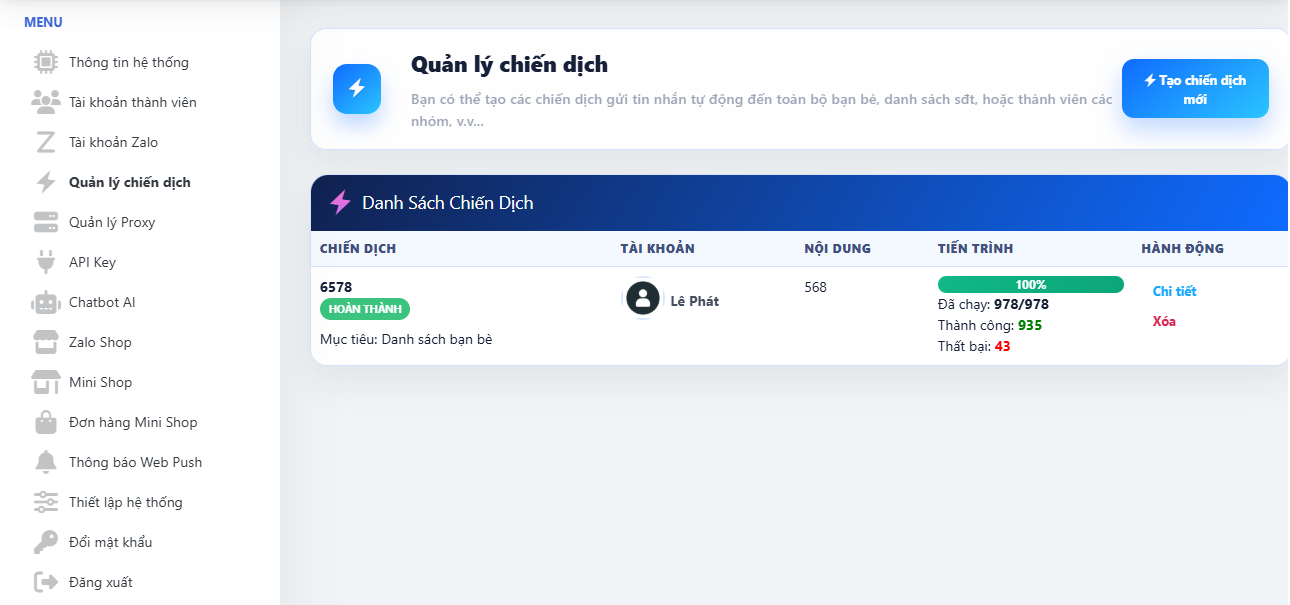 Màn hình quản lý chiến dịch trong 3FTool