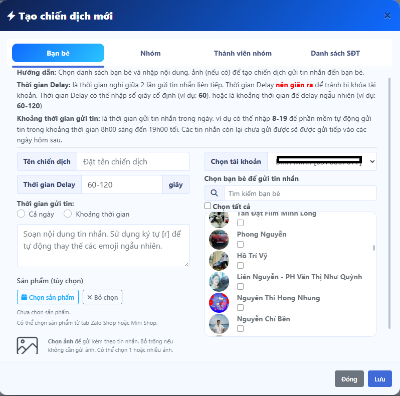 Màn hình tạo chiến dịch gửi cho bạn bè