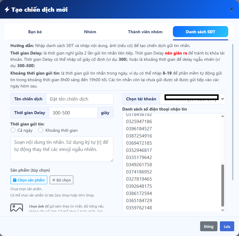 Màn hình tạo chiến dịch theo danh sách số điện thoại