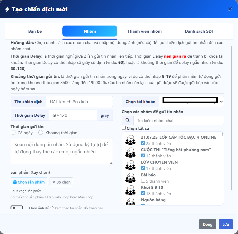 Tao chien dich gui tin nhan Zalo theo nhom