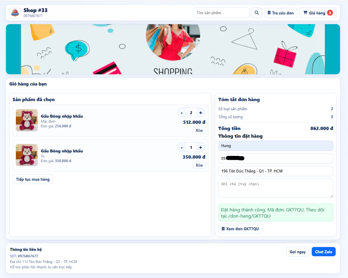 Giỏ hàng và đặt hàng trên Mini Shop