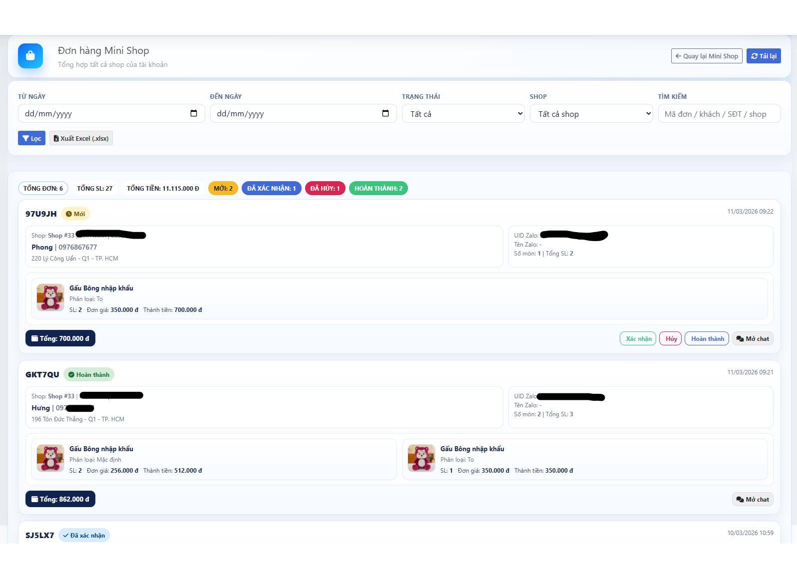Màn hình quản lý đơn hàng của Mini Shop